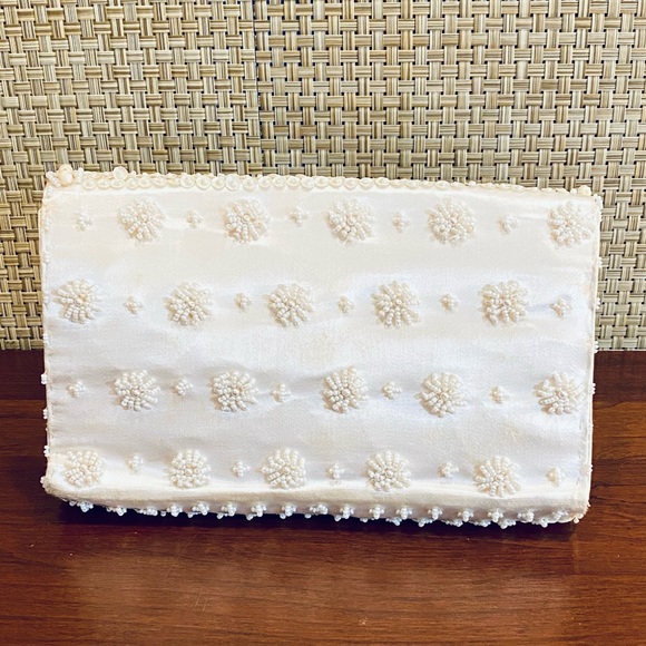 🌟HP🌟VTG 1950s Ivory Silk Bead & Sequin Envelope Clutch Evening Bag - Picture 8 of 13